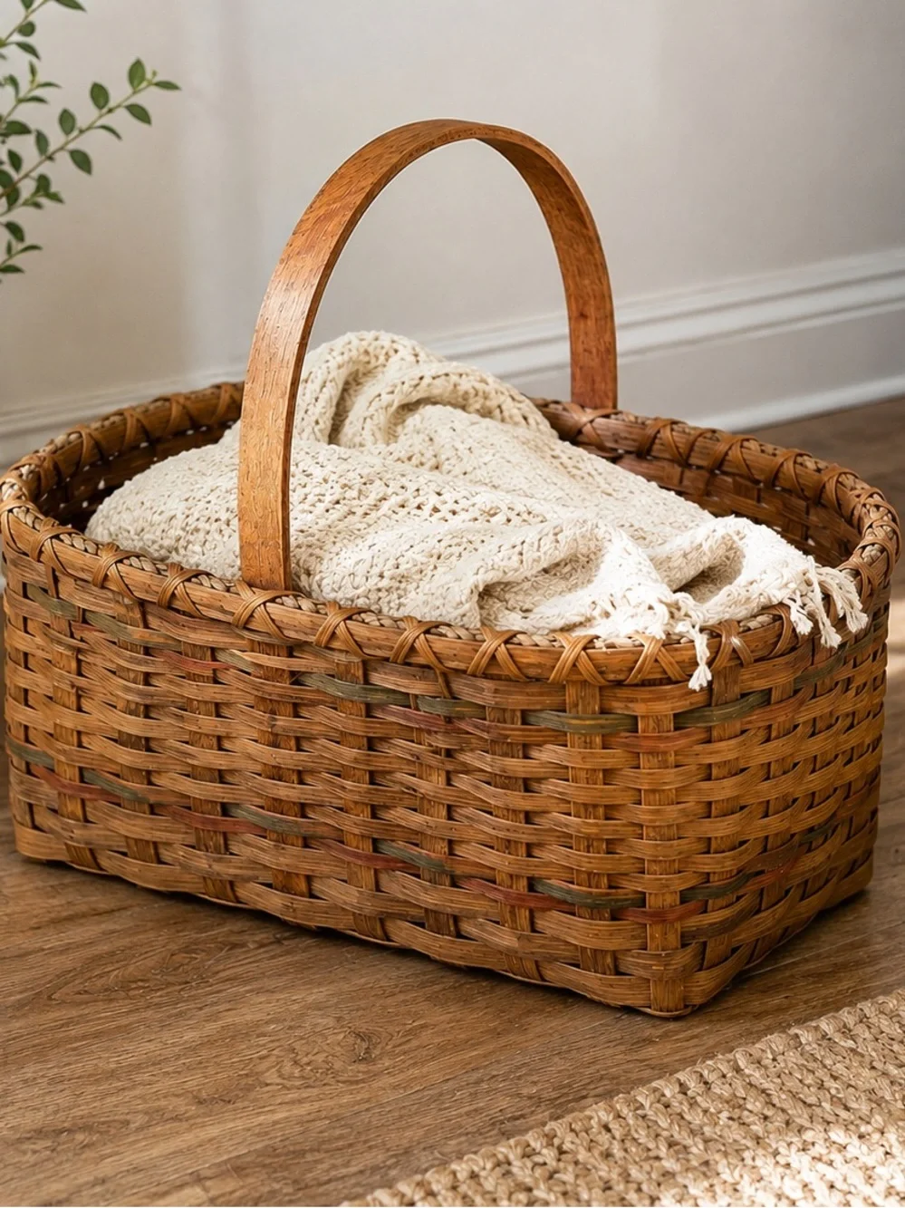 Vintage 1970-1980’s Woven Rustic Wicker Market Basket Large Oval Single Handle